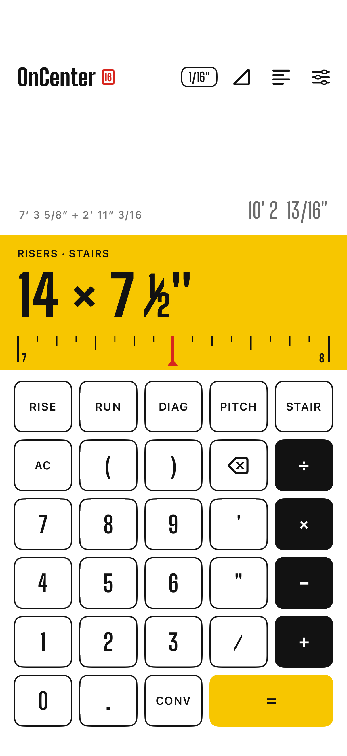 A fraction sum on the tape, 7 feet 3 and 5 eighths plus 2 feet 11 and 3 sixteenths equals 10 feet 2 and 13 sixteenths, and the blade showing 14 risers of 7 and a half inches